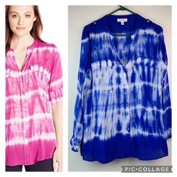 Calvin Klein tie dye draping rayon V neck long roll sleeve button down tunic top - Picture 1 of 11
